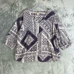 Lucky Brand Boho‎ Peasant Top Blouse 2X Plus Size Cream Purple Lightweight Thin